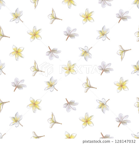 Seamless pattern with plumeria flowers on white background. Isolated watercolor illustration for packaging design, textile printing, restaurant and menu design, summer food courts. Seamless pattern with plumeria flowers on white background. Isolated watercolor illustration for packaging design, textile printing, restaurant and menu design, summer food courts. 128147032