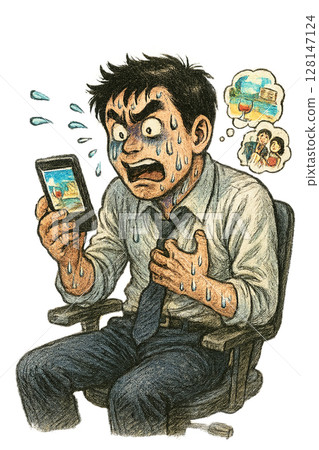 A man is heartbroken over a happy post he saw on social media, an office worker is upset over a post from a happy person on his smartphone, and others are upset when they see the happiness of others. A man is heartbroken over a happy post he saw on social media, an office worker is upset over a post from a happy person on his smartphone, and others are upset when they see the happiness of others. 128147124