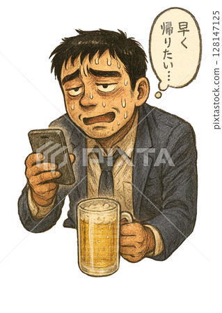 A man exhausted from a drinking party tweeting his desire to go home, a tired businessman staring at his smartphone, a man with a beer in his hand 128147125