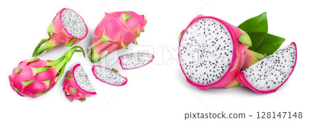 Dragon fruit, Pitaya or Pitahaya isolated on white background. Top view. Flat lay Dragon fruit, Pitaya or Pitahaya isolated on white background. Top view. Flat lay 128147148
