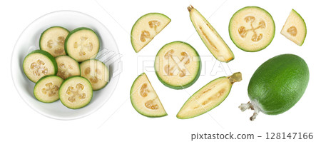 Feijoa fruit in ceramic bowl isolated on white background. Top view. Flat lay 128147166