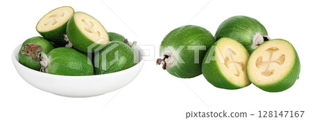 Feijoa fruit in ceramic bowl isolated on white background 128147167