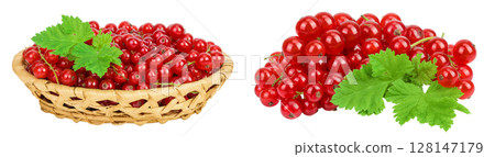 Red currant berries in a wicker basket isolated on white background 128147179