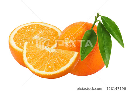 Orange fruit with leaves isolated on white background with full depth of field Orange fruit with leaves isolated on white background with full depth of field 128147196