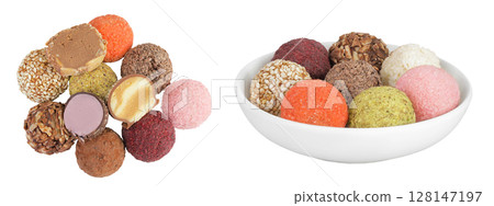 A variety of different truffles in ceramic bowl Isolated on a white background. Top view. Flat lay A variety of different truffles in ceramic bowl Isolated on a white background. Top view. Flat lay 128147197