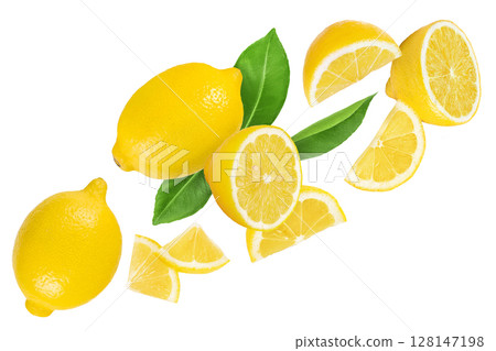 Ripe lemon with half isolated on white background with full depth of field. Top view. Flat lay 128147198