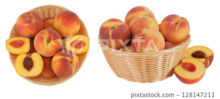 Ripe peach fruit with half in a wicker basket isolated on white background with full depth of field. Top view. Flat lay Ripe peach fruit with half in a wicker basket isolated on white background with full depth of field. Top view. Flat lay 128147211