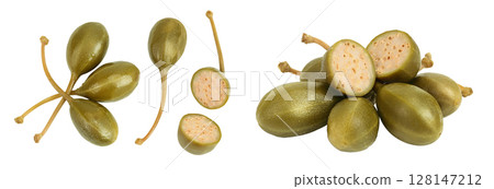 Capers isolated on white background. Pickled or canned capers. Top view. Flat lay Capers isolated on white background. Pickled or canned capers. Top view. Flat lay 128147212