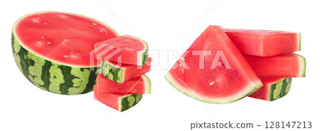 Red seedless watermelon slices isolated on white background with full depth of field. 128147213