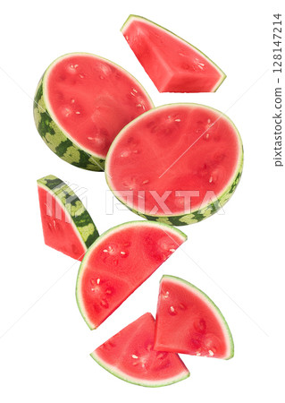 Red seedless watermelon isolated on white background. Top view. Flat lay Red seedless watermelon isolated on white background. Top view. Flat lay 128147214
