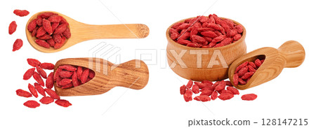 Dried goji berries in wooden spoon, scoop and bowl isolated on white background. Top view. Flat lay. 128147215