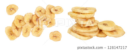 Dried banana chips isolated on white background with full depth of field. Top view. Flat lay 128147217