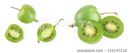 mini kiwi baby fruit or actinidia arguta isolated on white background with full depth of field. Top view. Flat lay 128147218