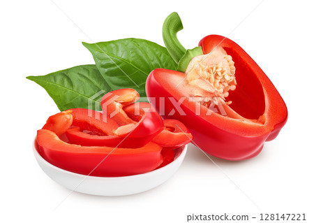 slices of red sweet bell pepper in ceramic bowl isolated on white background 128147221