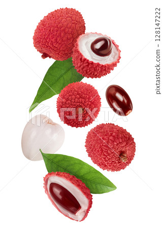 lychee fruit isolated on white background with full depth of field. Top view. Flat lay lychee fruit isolated on white background with full depth of field. Top view. Flat lay 128147222