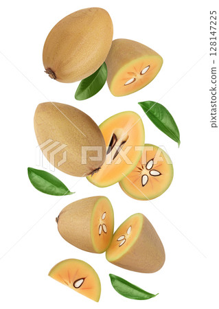 Sapodilla isolated on white background with full depth of field. Top view. Flat lay 128147225