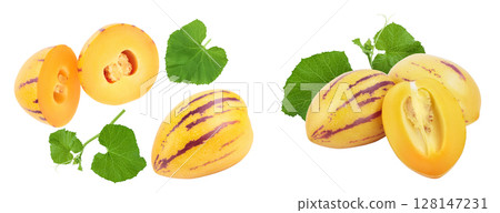 Fresh Pepino fruit isolated on white background. Top view, flat lay 128147231
