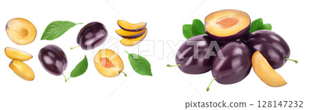 fresh purple plum and half isolated on white background with copy spase for your text. Top view. Flat lay 128147232