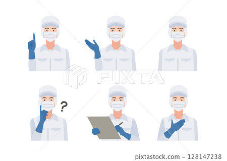 Illustration set of a woman wearing a sanitary hat and white coat 128147238