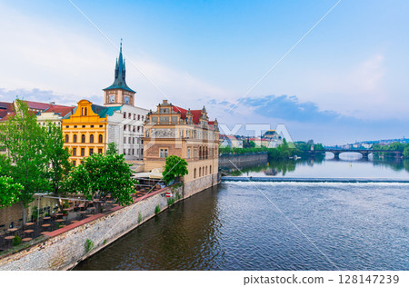 Czech Vltava river and Prague cityscape morning view 128147239