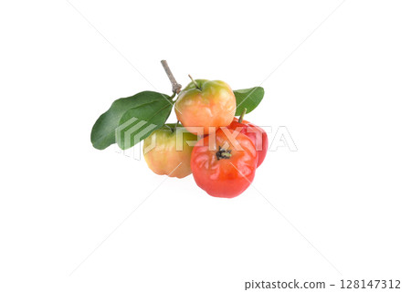 Acerola small cherry fruit with leaf isolated on white background. 128147312
