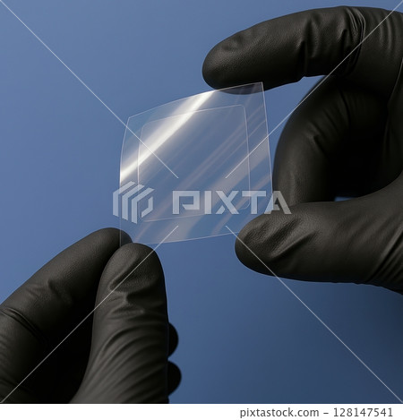 Close up of hands in black gloves holding thin transparent hydrocolloid patch on blue background 128147541
