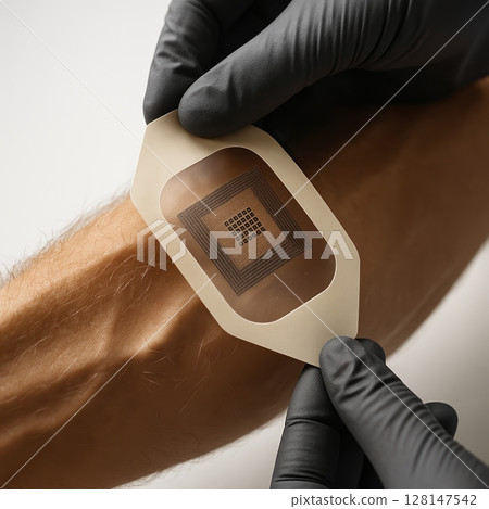 Black gloved hands applying smart electronic patch with microchip circuit to forearm skin 128147542