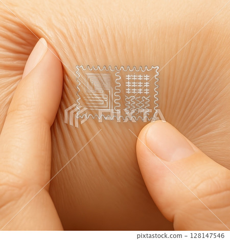 Tiny transparent electronic skin patch with microcircuit design applied on human skin Tiny transparent electronic skin patch with microcircuit design applied on human skin 128147546