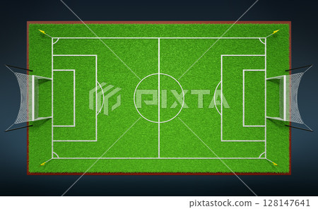3d soccer pitch top view. Realistic night football field with goal net, corner flags, turf texture, white lines on green grass and light. Sports ground isolated dark blue background. 3D illustration 3d soccer pitch top view. Realistic night football field with goal net, corner flags, turf texture, white lines on green grass and light. Sports ground isolated dark blue background. 3D illustration 128147641