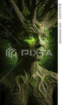 Person Merged Ancient Tree Circulatory System Bark Skin Portrait 128147676