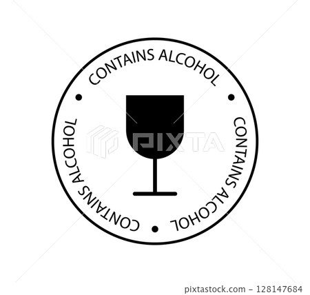 Alcohol contain icon for medication, cosmetic, food, candies. Wine glass icon. Product contains alcohol sign. Vector illustration on white background Alcohol contain icon for medication, cosmetic, food, candies. Wine glass icon. Product contains alcohol sign. Vector illustration on white background 128147684