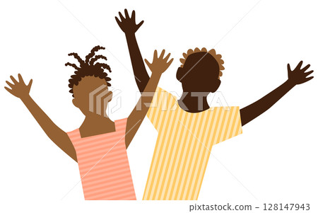 Two black children, male and female, raising their hands 128147943