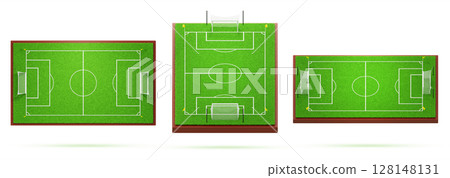 3d soccer pitch top view and perspective. Football field stadium with goal posts, corner flags, turf texture, marking of zones and white lines on green grass, isolated render icon set. 3D illustration 128148131
