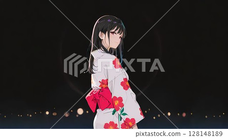 A woman wearing a white floral yukata looking back at night 128148189