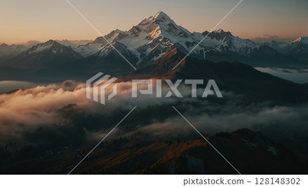 晨曦中染紅的山景 128148302