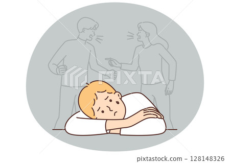 Sad boy sits near conflict of parents not paying attention to son with psychological troubles Sad boy sits near conflict of parents not paying attention to son with psychological troubles 128148326