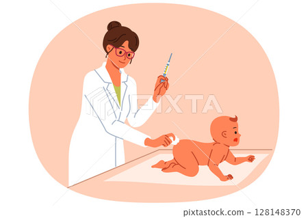 Woman pediatrician gives injection in butt of infant to preventively protect newborn from viruses Woman pediatrician gives injection in butt of infant to preventively protect newborn from viruses 128148370