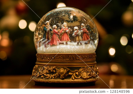 Antique snow globe radiates an eerie glow while showcasing a festive winter scene 128148596