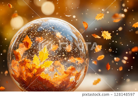 Captivating glass globe filled with vibrant leaves amidst sparkling light 128148597