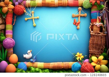 Colorful puppet string frame decorated with playful elements for creative projects and crafts 128148603