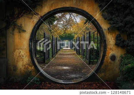Round gate leading to a series of similar gates in a serene outdoor environment Round gate leading to a series of similar gates in a serene outdoor environment 128148671