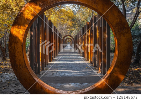 Round gate leading to a series of similar gates in a serene outdoor environment 128148672