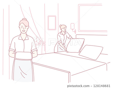 Housekeeping staff are preparing a hotel room for new guests, ensuring it is pristine 128148681
