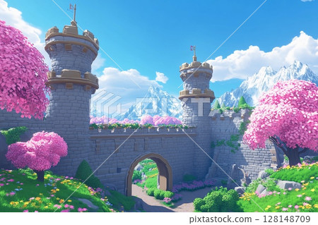 Castle with brightly shining walls stands cheerfully against a backdrop of majestic mountains and clear blue skies 128148709
