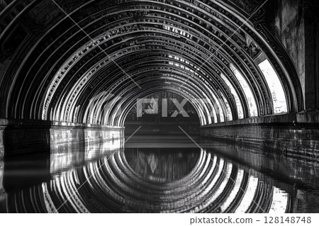 Vaulted bridge structure creates stunning mirror reflection beneath in calm water during early morning light 128148748