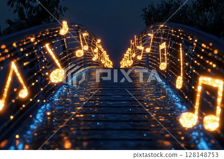 Musical bridge illuminated with shining notes creating a harmonious atmosphere at night 128148753
