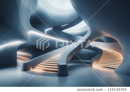 Futuristic museum showcasing symmetrical spiraling ramps illuminated by soft lighting for an immersive visitor experience 128148765