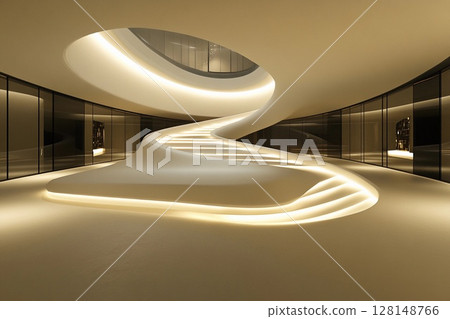 Futuristic museum showcasing symmetrical spiraling ramps illuminated by soft lighting for an immersive visitor experience 128148766