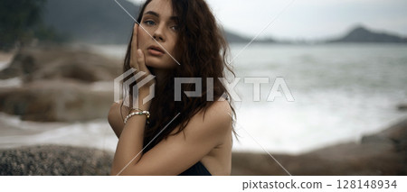 Beautiful young woman on the beach. pretty Sexy girl Beautiful young woman on the beach. pretty Sexy girl 128148934