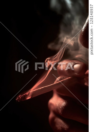 Close-up of hand holding burning cigarette with swirling smoke on dark background Close-up of hand holding burning cigarette with swirling smoke on dark background 128148937